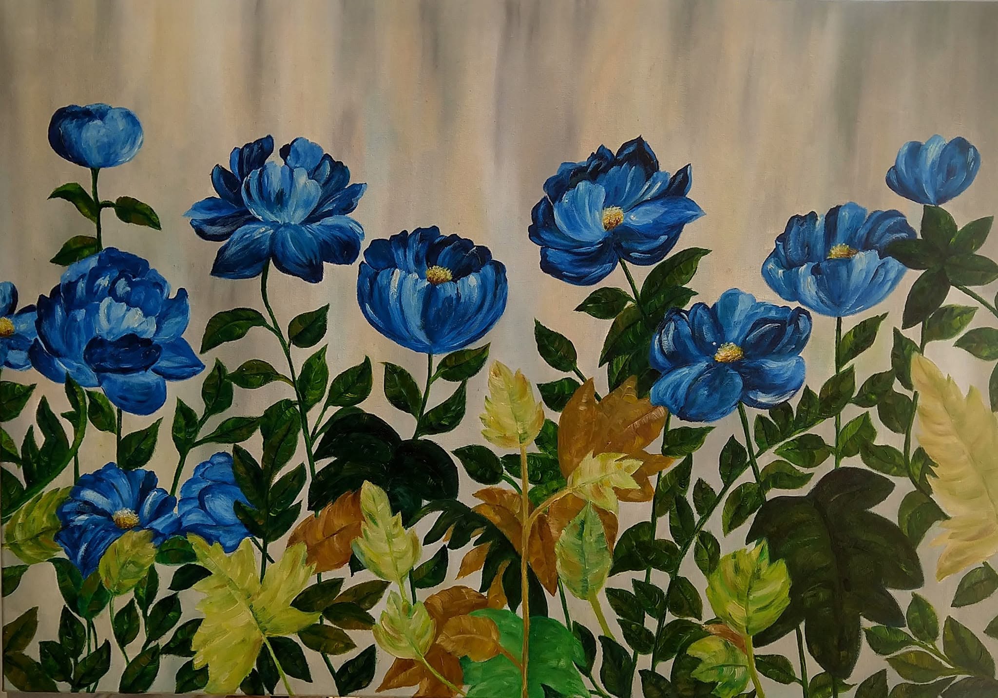 Pintura a óleo original Flores na Beira do Lago de Débora Cristina em linho puro, demonstrando relevos ricos de espátula e reflexos luminosos na água.