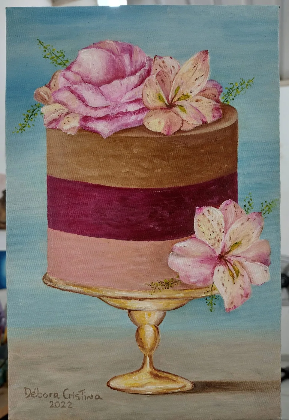 Pintura a óleo Amor de Infância por Débora Cristina. Figuras infantis integradas à luz poética do entardecer com espatulado expressivo e tons de terracota.