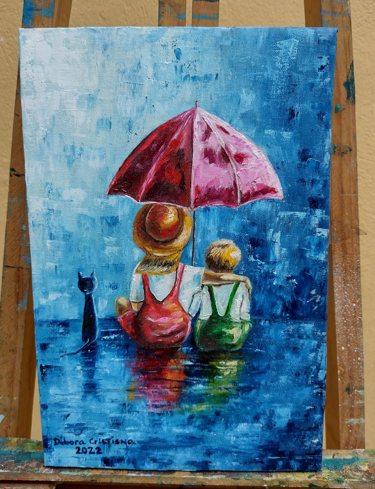Pintura a óleo Jardim Azul de Débora Cristina. Matizes profundos de azul índigo e reflexos de luz com textura densa de tinta a óleo.